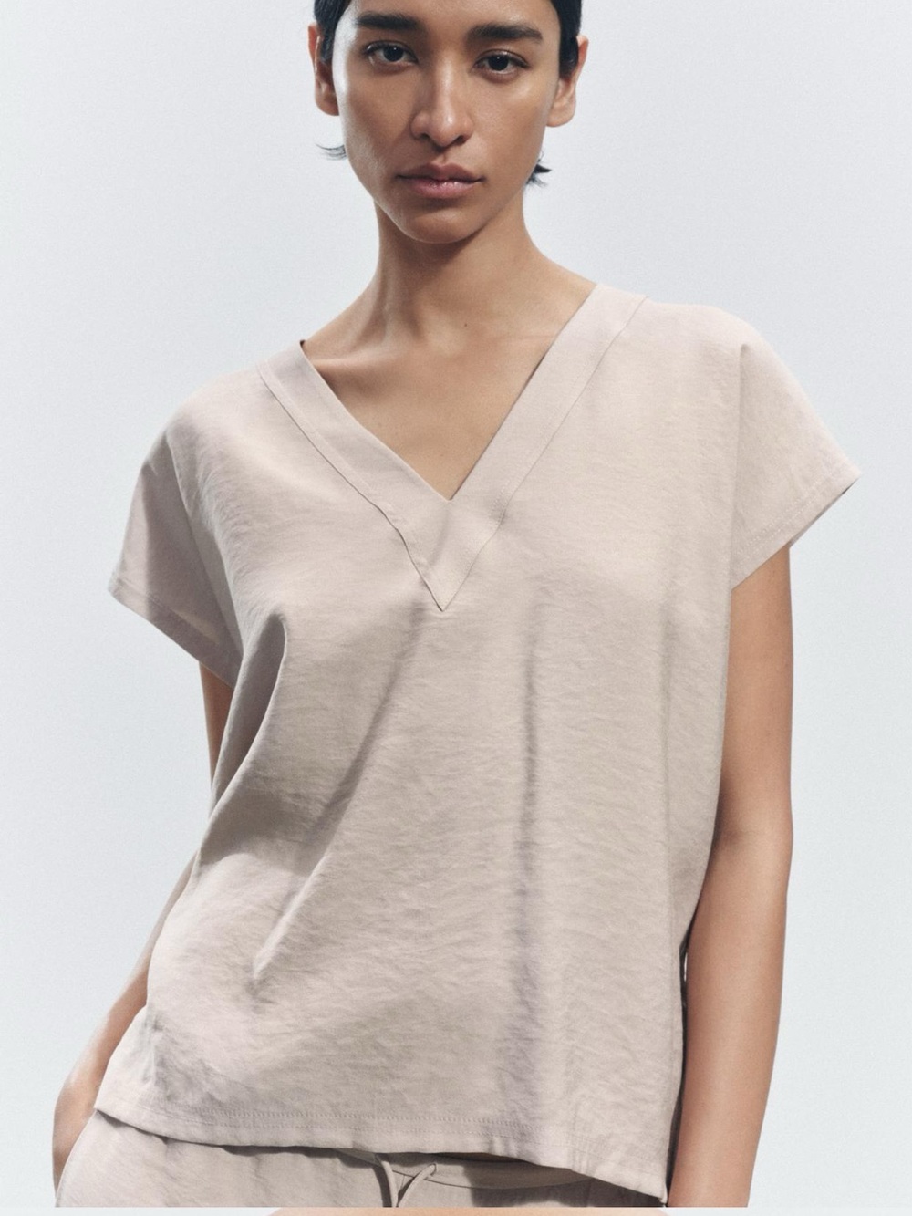 Zara Beige V-Neck Short Sleeve Tunic Top